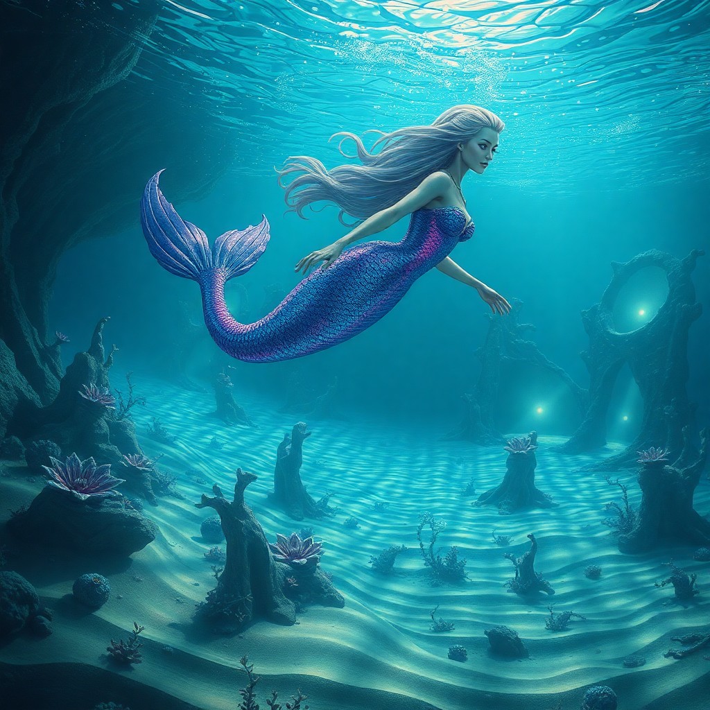 AI generated art for prompt: A dreamlike underwater scene depicts a majestic mermaid gracefully swimming through an abyssal lands