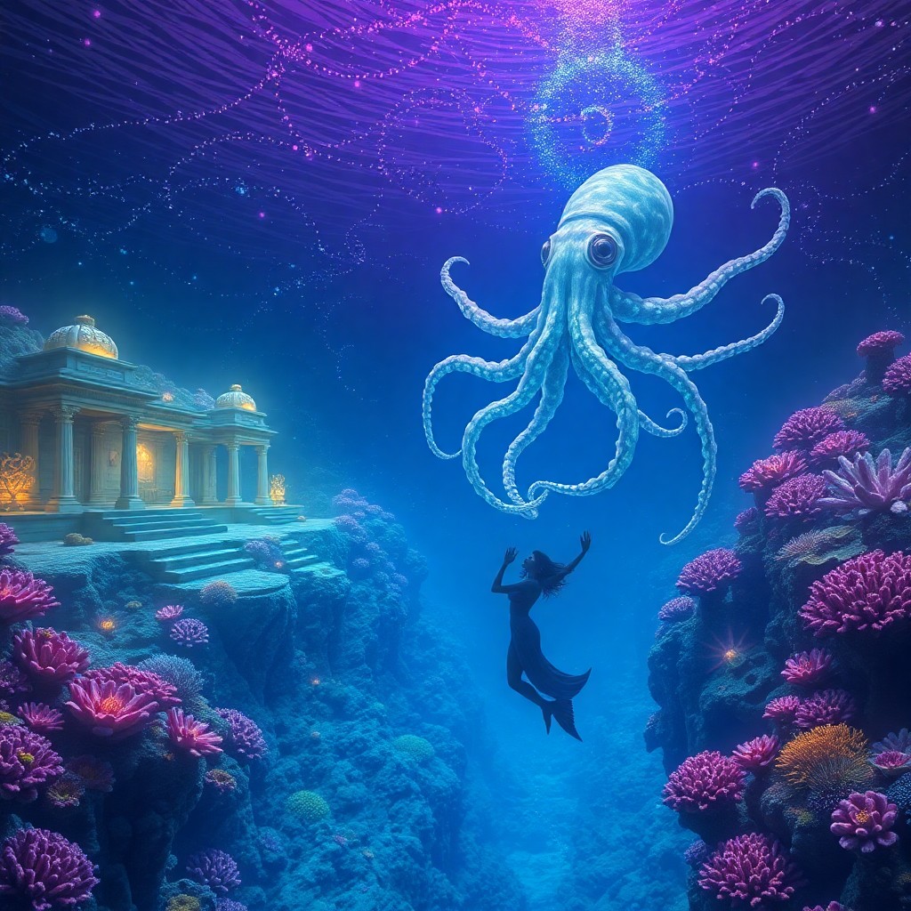 AI generated art for prompt: A surreal digital artwork captures the enchanting allure of an underwater realm where vibrant coral 