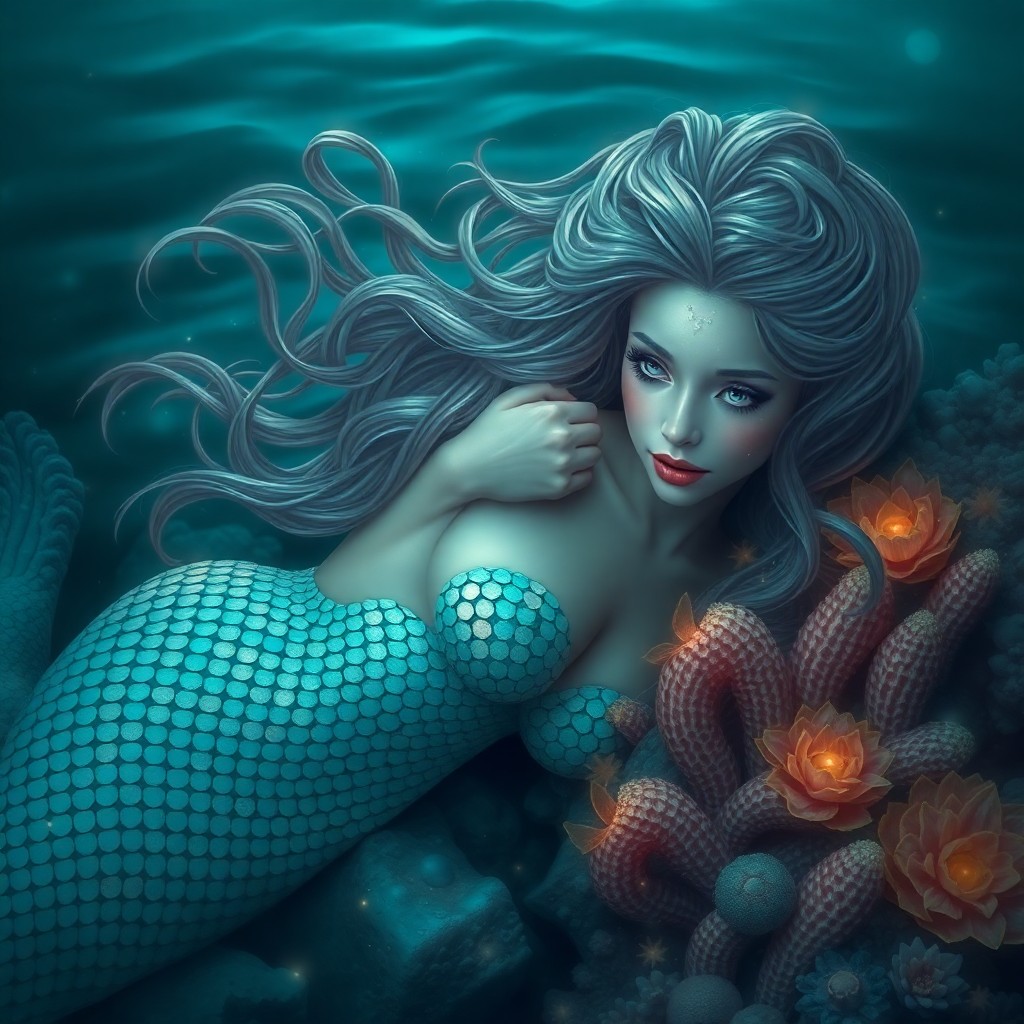 AI generated art for prompt: A dreamlike portrait of an enigmatic sea nymph resting on a moonlit coral reef, her scales reflectin