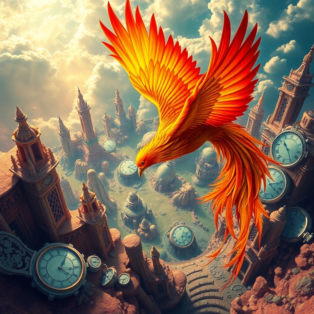 AI generated art for prompt: An imaginative dreamscape showcasing a majestic phoenix soaring above a mesmerizing landscape, remin