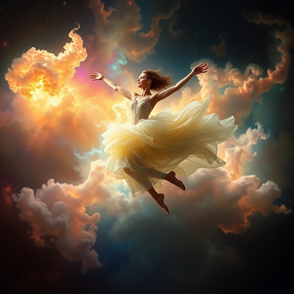 AI generated art for prompt: An exquisite portrait of a celestial dancer gracefully leaping through a shimmering nebula, capturin