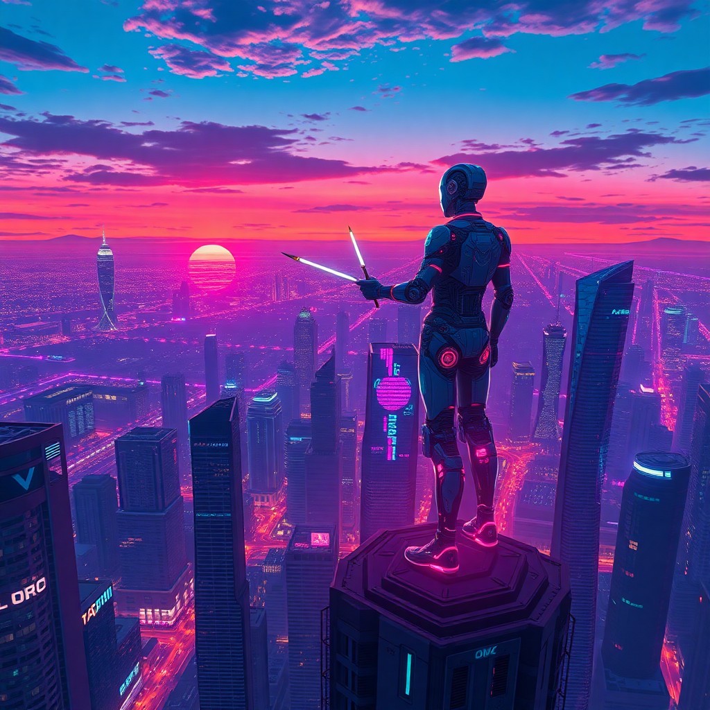 AI generated art for prompt: Picture a futuristic urban landscape at twilight, bathed in neon hues reminiscent of classic anime v