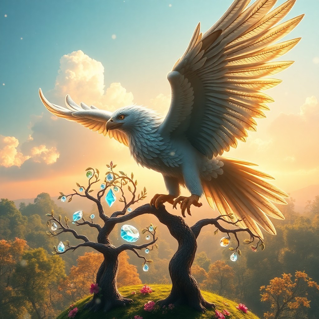 AI generated art for prompt: A breathtaking digital artwork showcases a noble griffin with shimmering plumage soaring above an en