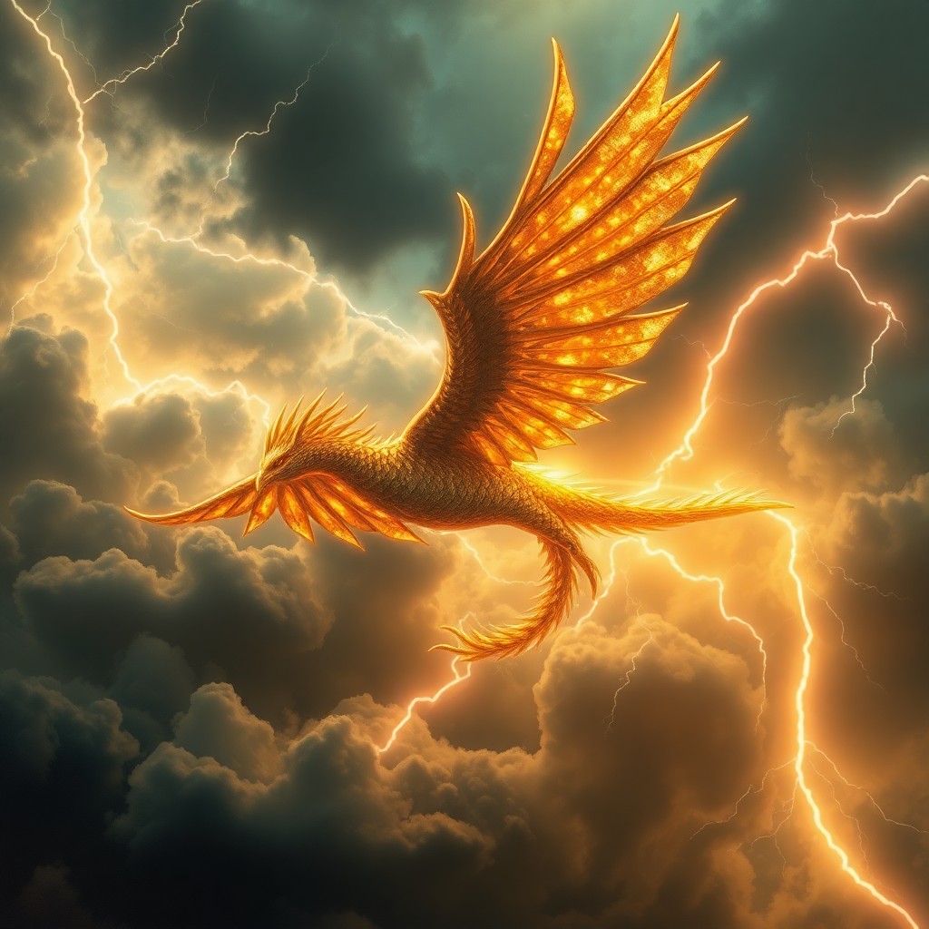 AI generated art for prompt: Visualize an awe-inspiring mythical creature soaring through tempestuous skies, embodying both grace