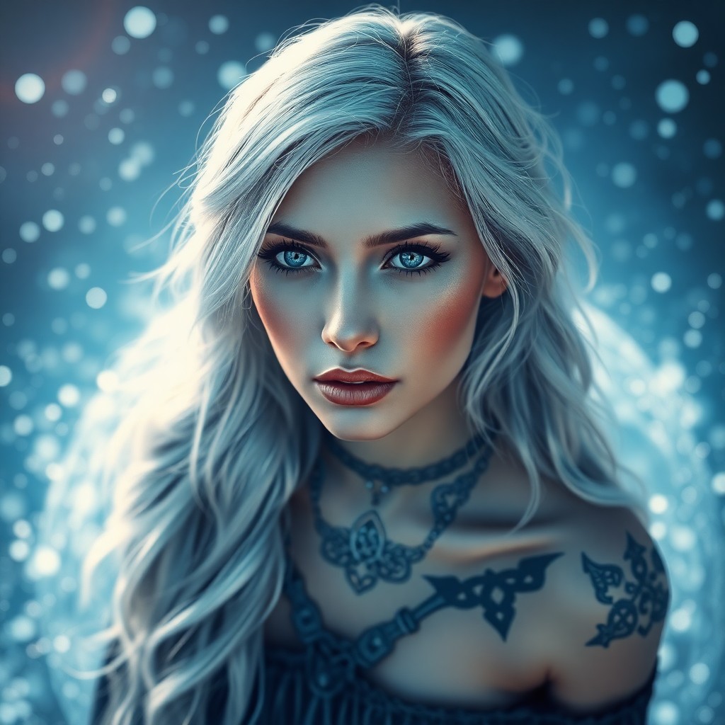 AI generated art for prompt: A mesmerizing digital art composition portrays an enigmatic woman with shimmering silver hair and de