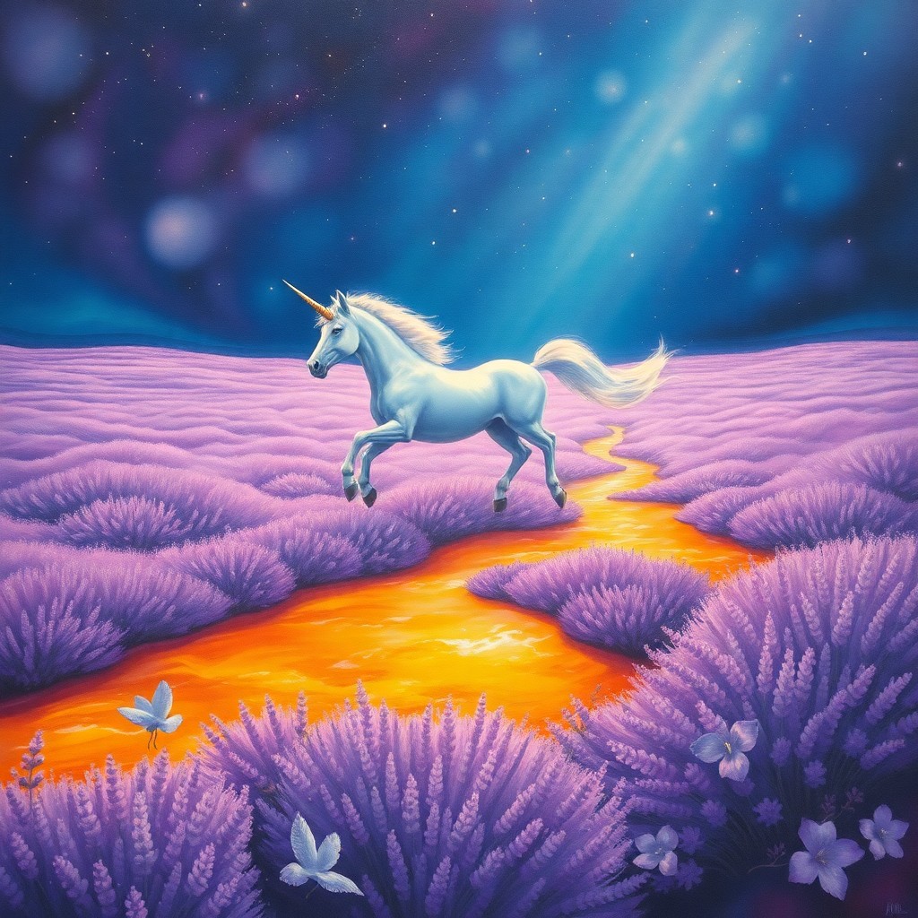 AI generated art for prompt: Envision a surreal and impressionistic landscape where a regal unicorn majestically traverses an exp