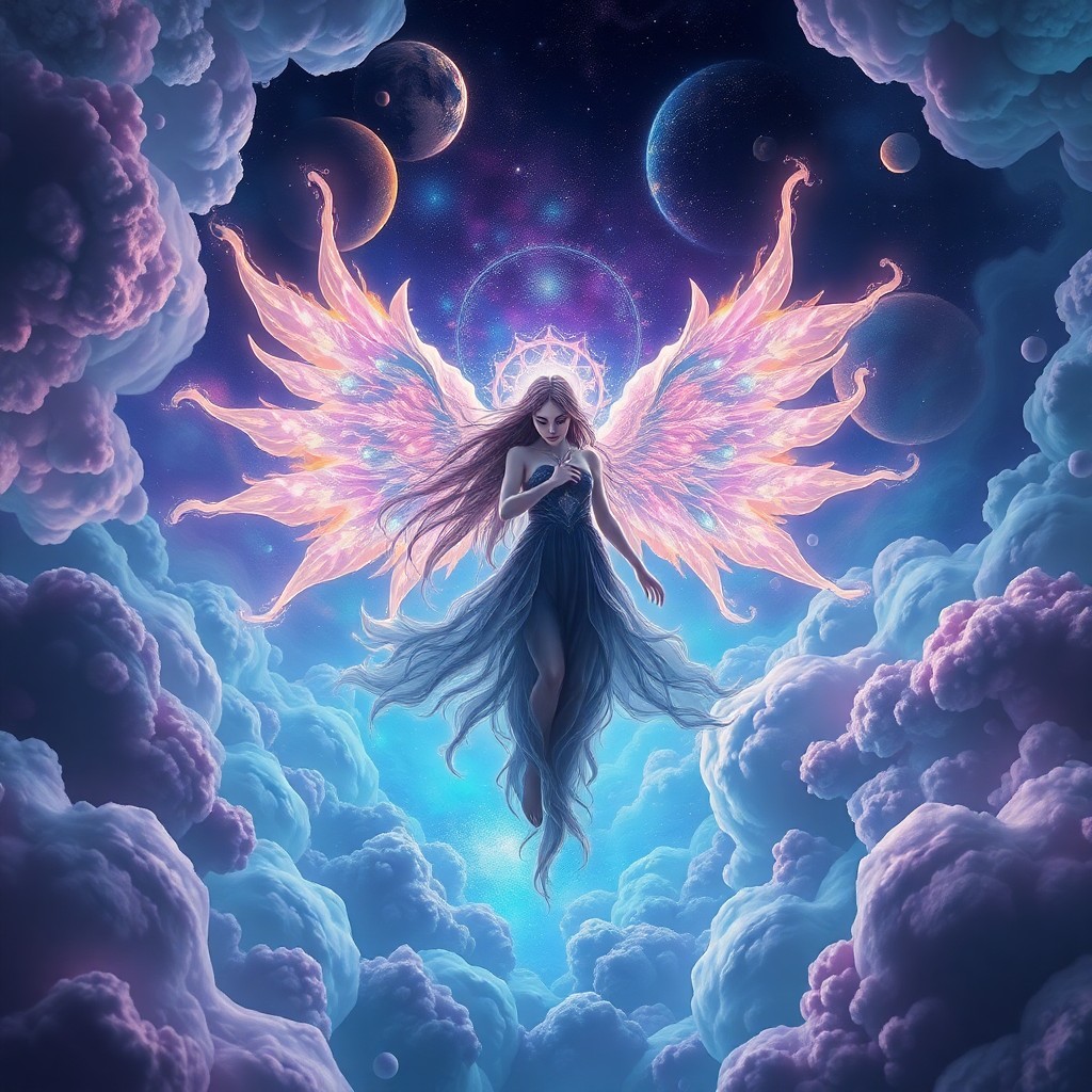 AI generated art for prompt: A mesmerizing digital art piece portrays an enigmatic being adorned with luminescent wings and casca