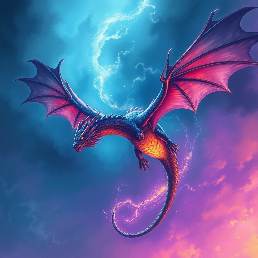 AI generated art for prompt: Imagine an awe-inspiring dragon gliding through a turbulent sky, its luminous scales capturing the i