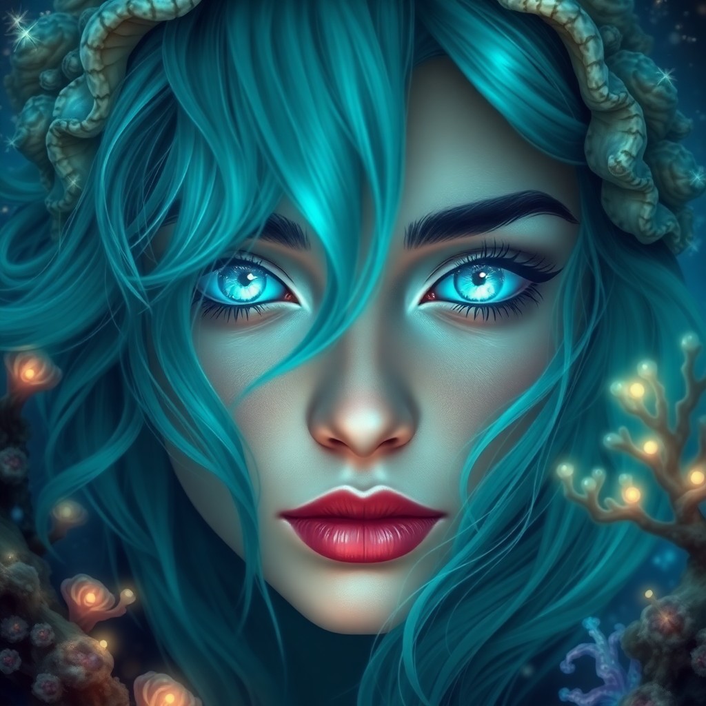 AI generated art for prompt: Visualize an enchanting digital art portrait depicting a mystical sea nymph with iridescent turquois