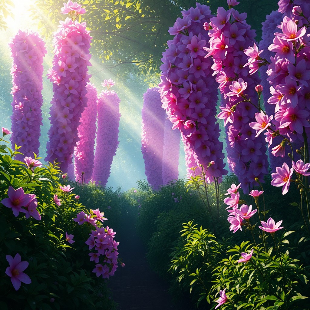 AI generated art for prompt: A hyper-detailed digital artwork captures an enchanting sentient flower forest with towering blossom