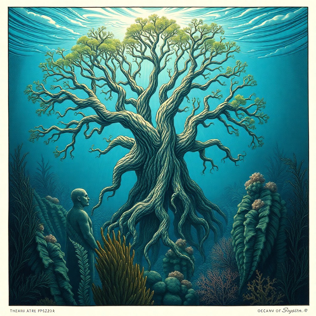 AI generated art for prompt: An awe-inspiring illustration captures an extraordinary tree-like structure emerging from the ocean'