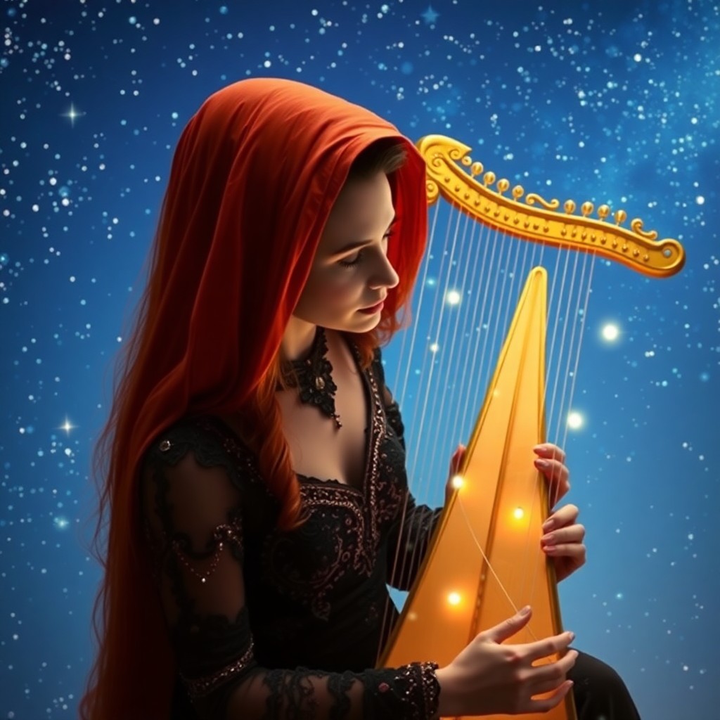 AI generated art for prompt: A surreal portrait captures an enigmatic celestial musician playing an ethereal harp with strings ex