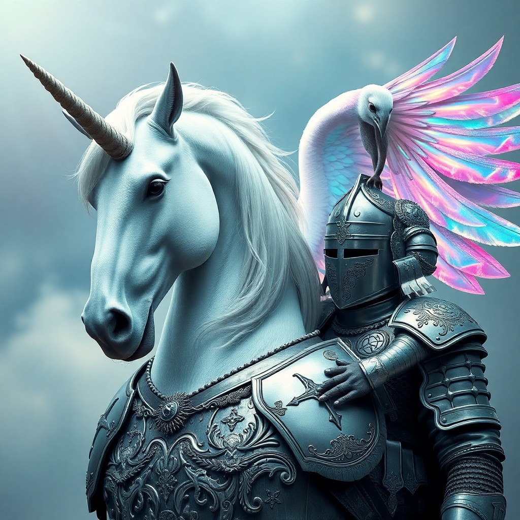 AI generated art for prompt: A surreal portrait featuring an ethereal alliance between a majestic unicorn with iridescent wings a