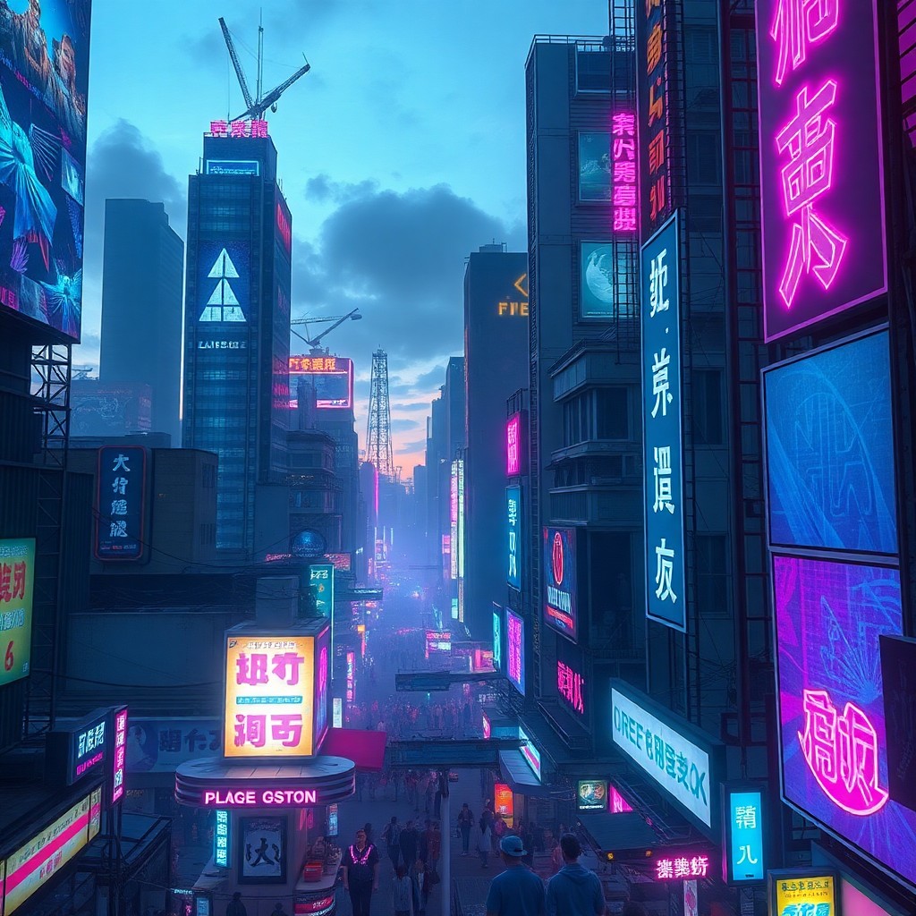 AI generated art for prompt: Visualize a captivating cyberpunk metropolis at dusk, captured from an elevated vantage point as it 