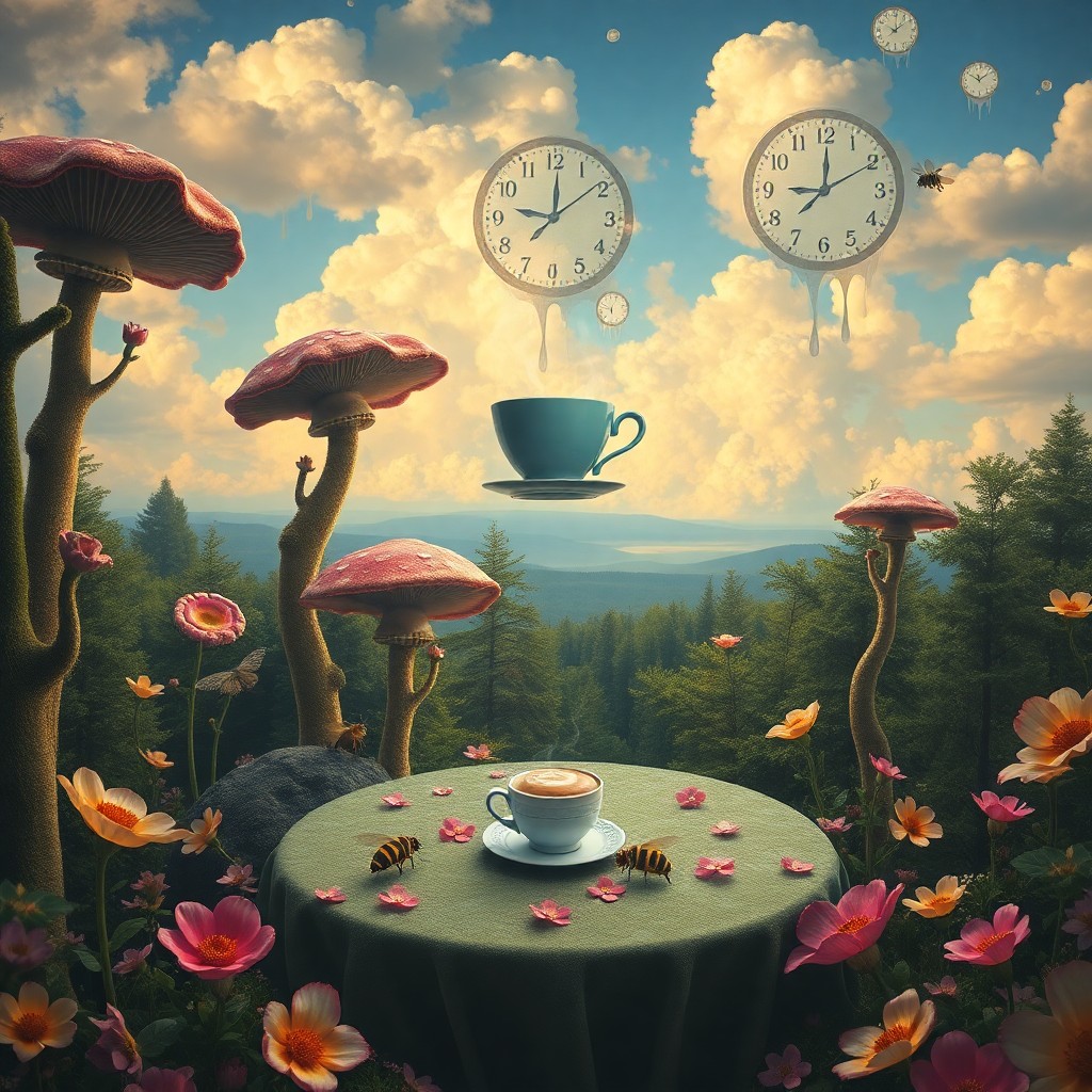 AI generated art for prompt: Create an image showcasing Salvador Dali-inspired surrealism in a whimsical tea party setting within