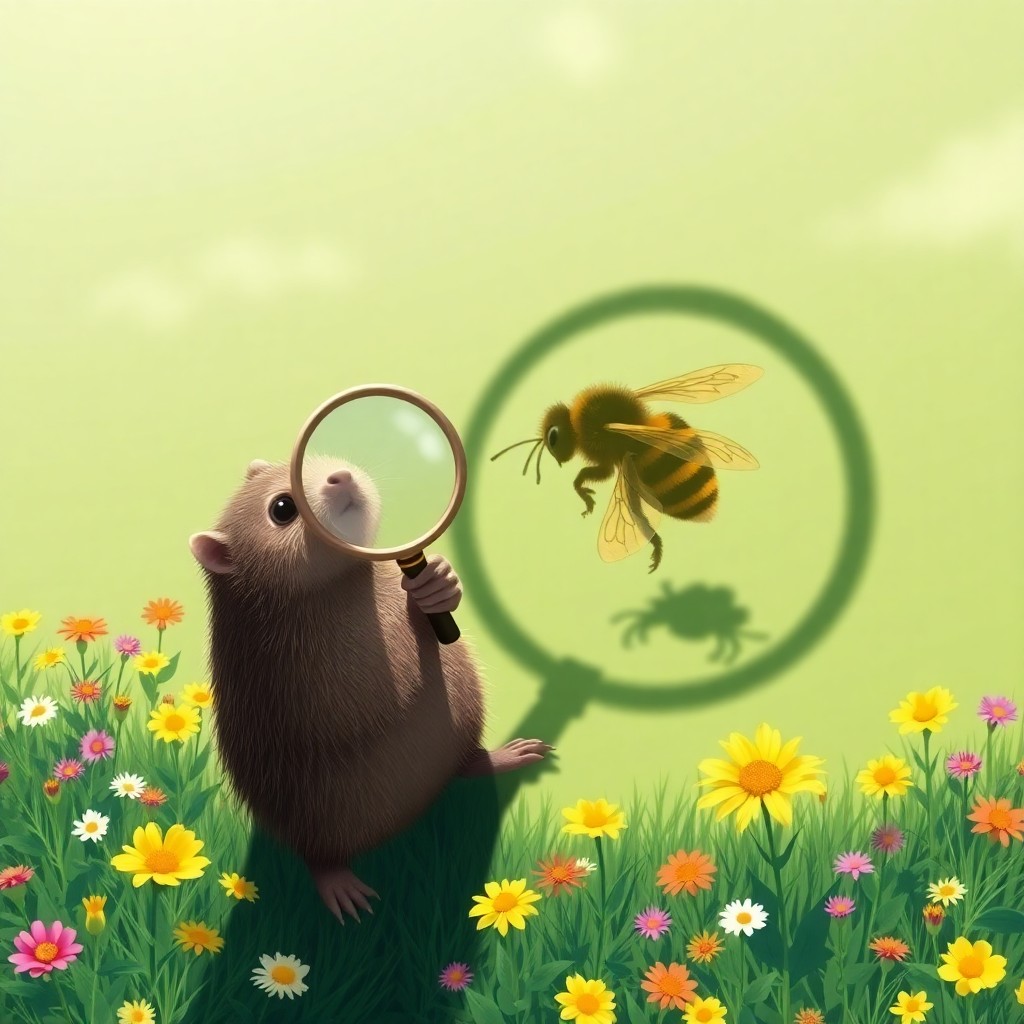 AI generated art for prompt: A whimsical digital artwork depicting a mischievous mole wielding a magnifying glass to focus sunlig