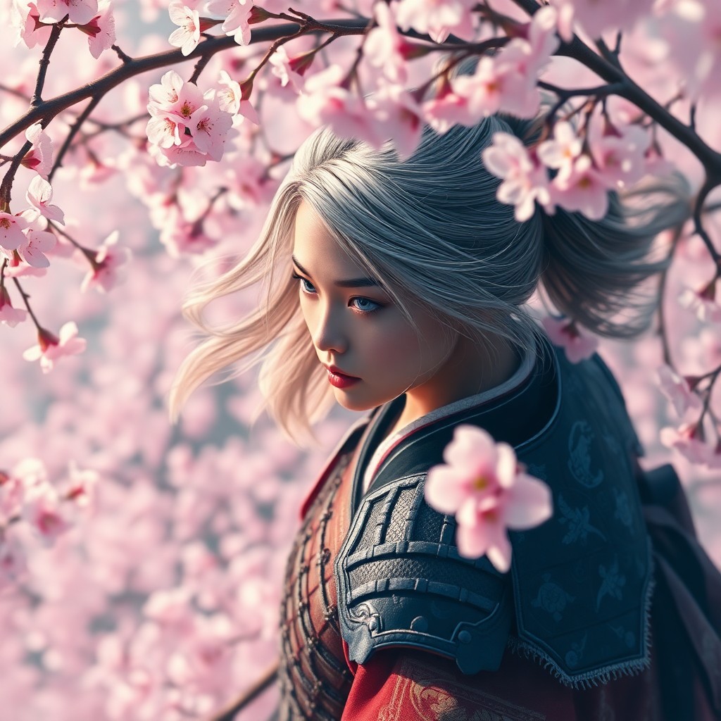 AI generated art for prompt: A powerful digital portrait captures a female samurai warrior amid a blossoming field of cherry tree