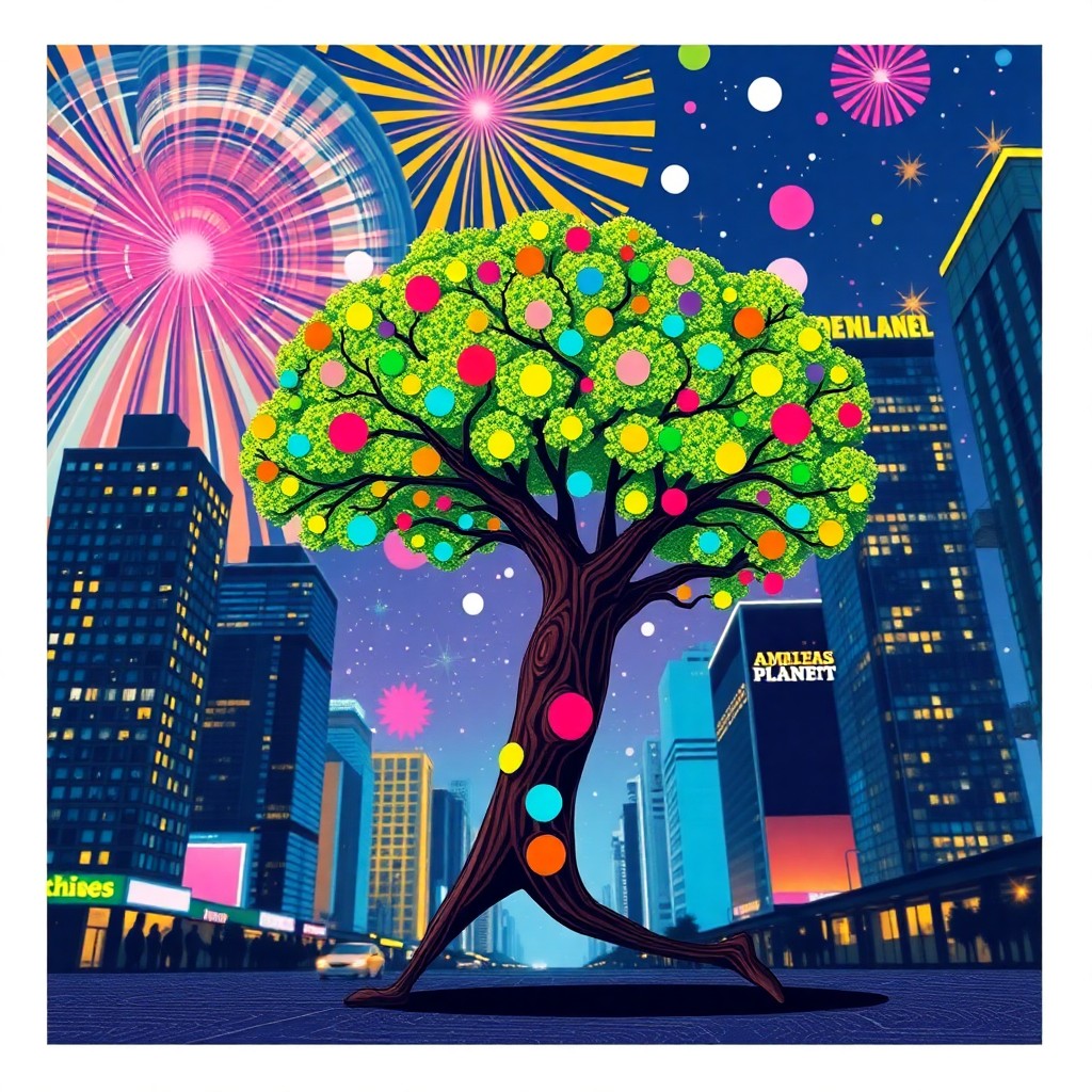 AI generated art for prompt: Visualize an exuberant pop art scene featuring an animated tree being with multicolored polka dot le