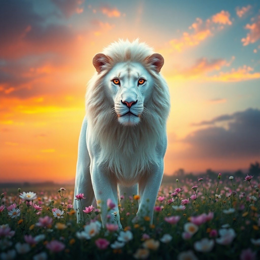 AI generated art for prompt: A mesmerizing digital art composition featuring a commanding white lion with striking amber eyes, st