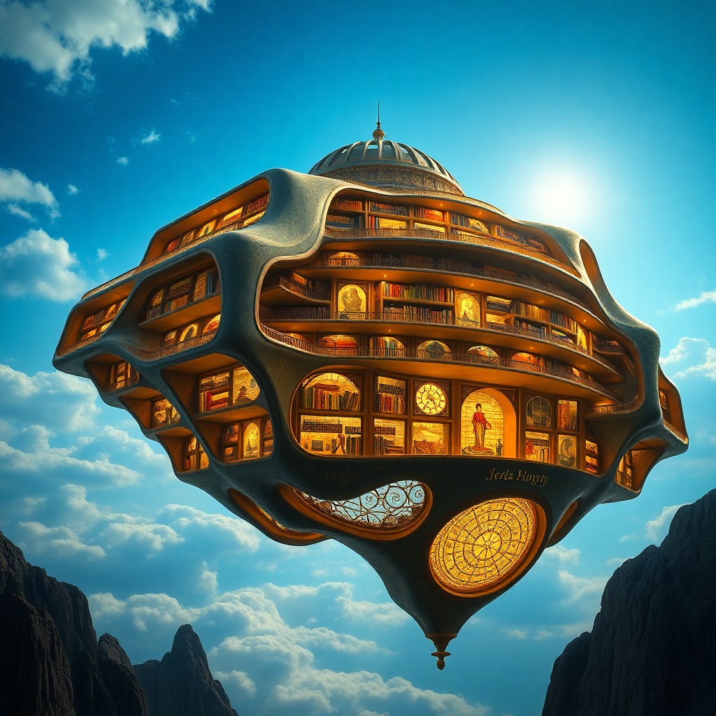 AI generated art for prompt: Craft an image depicting a majestic floating library suspended in a boundless azure sky, instilling 