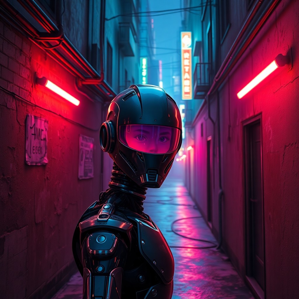 AI generated art for prompt: A vivid digital artwork portraying an alleyway in a futuristic cityscape, bathed in vibrant neon lig