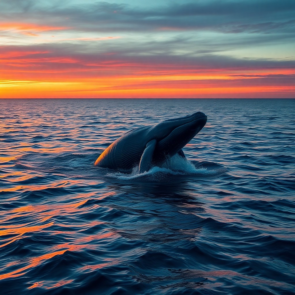 AI generated art for prompt: A mesmerizing seascape captures the awe-inspiring moment when a colossal whale breaches the ocean su