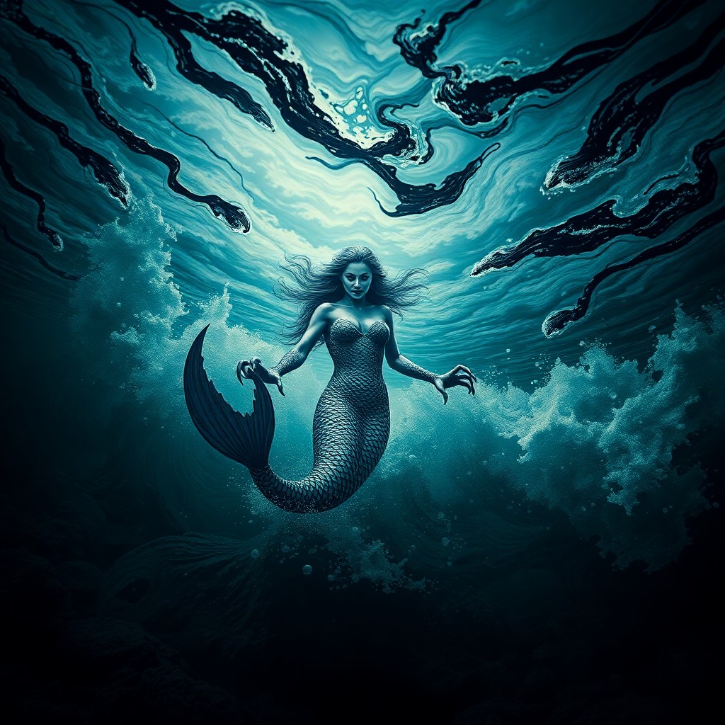 AI generated art for prompt: A mesmerizing image portraying a mythical mermaid ascending from tempestuous waters, reminiscent of 