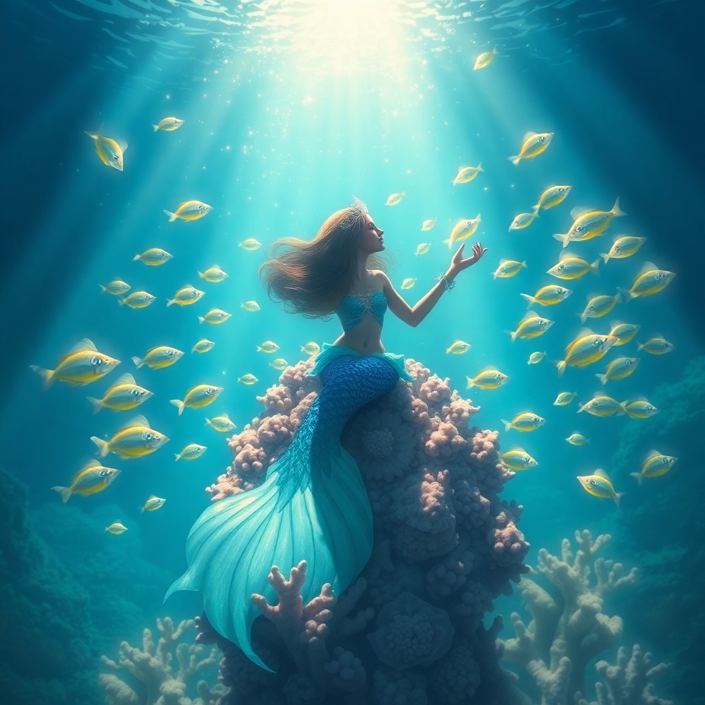 AI generated art for prompt: An enchanting digital art illustration captures a mysterious mermaid princess in a serene underwater