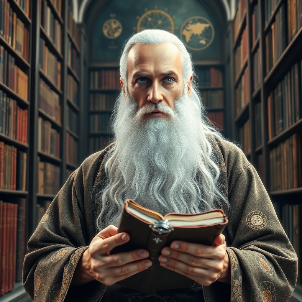 AI generated art for prompt: A wise sage with a long, flowing white beard sits in an ancient library, his piercing blue eyes refl