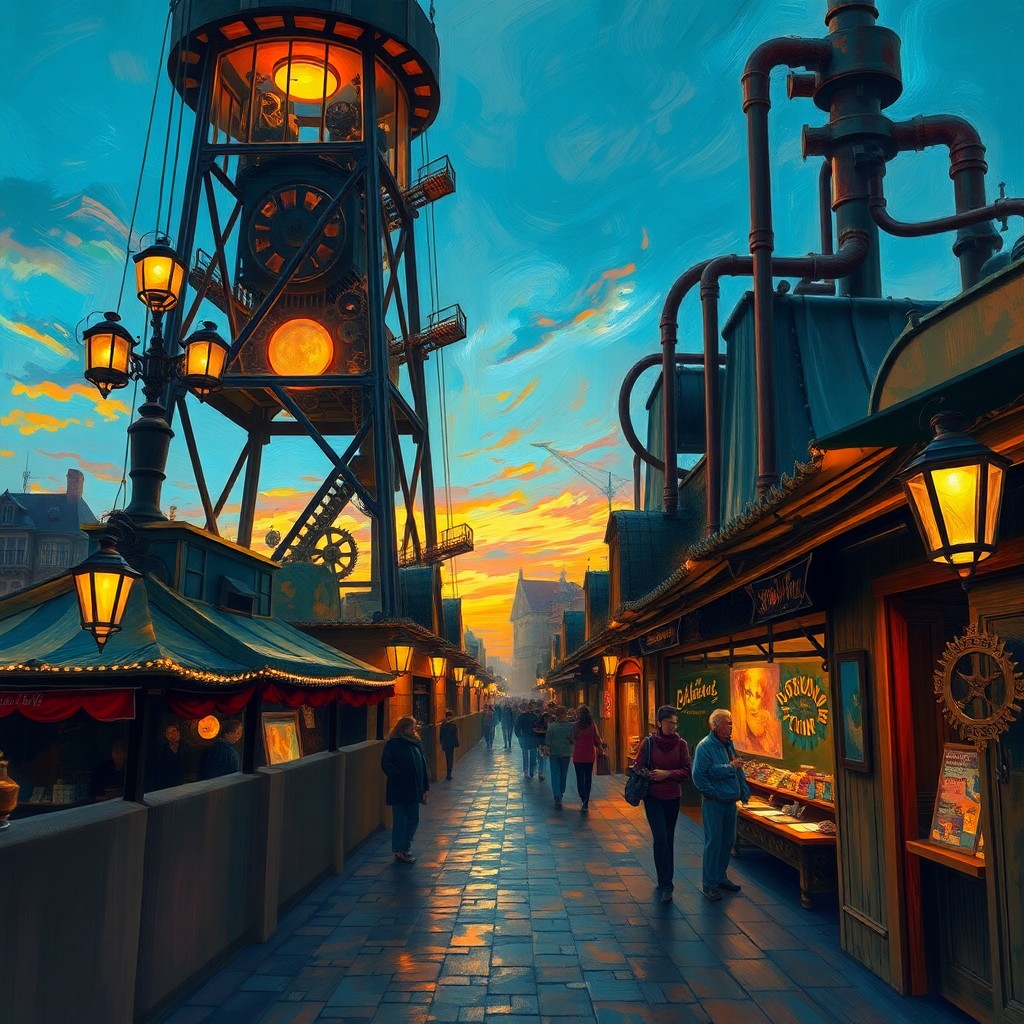 AI generated art for prompt: Imagine a lively marketplace in an enchanting steampunk-inspired city at twilight, bathed in warm li