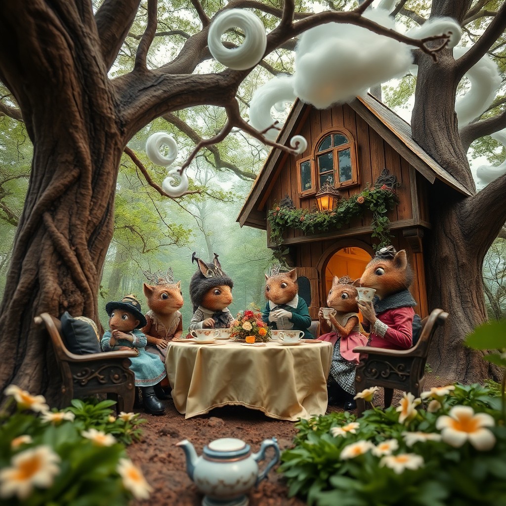 AI generated art for prompt: A whimsical tea party unfolds in an enchanting treehouse nestled within a dreamlike forest, as pecul