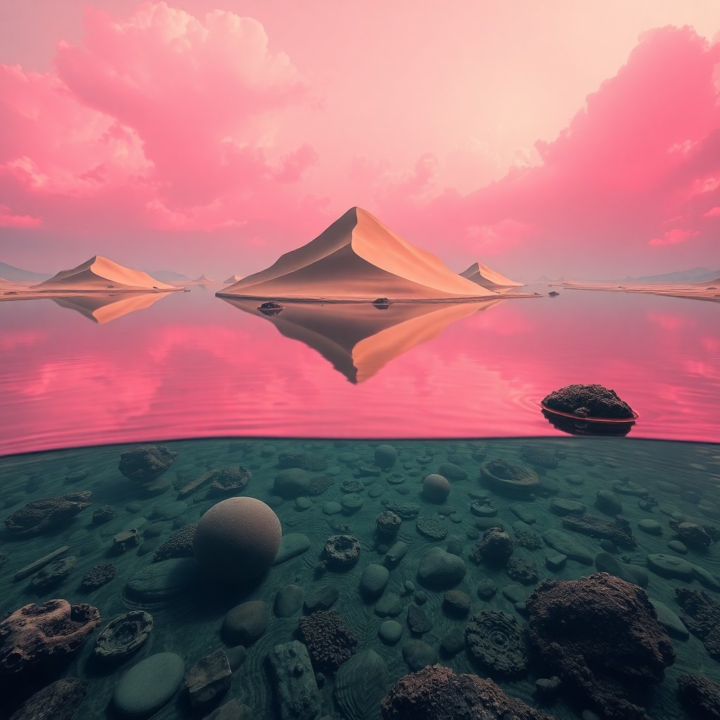 AI generated art for prompt: A surreal dreamscape featuring a tranquil lake reflecting an otherworldly scene with floating island