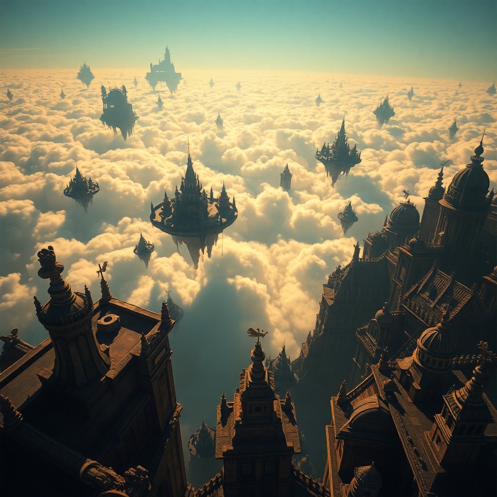 AI generated art for prompt: Depict a dreamlike cityscape from an aerial viewpoint above the clouds, reminiscent of surrealist pa