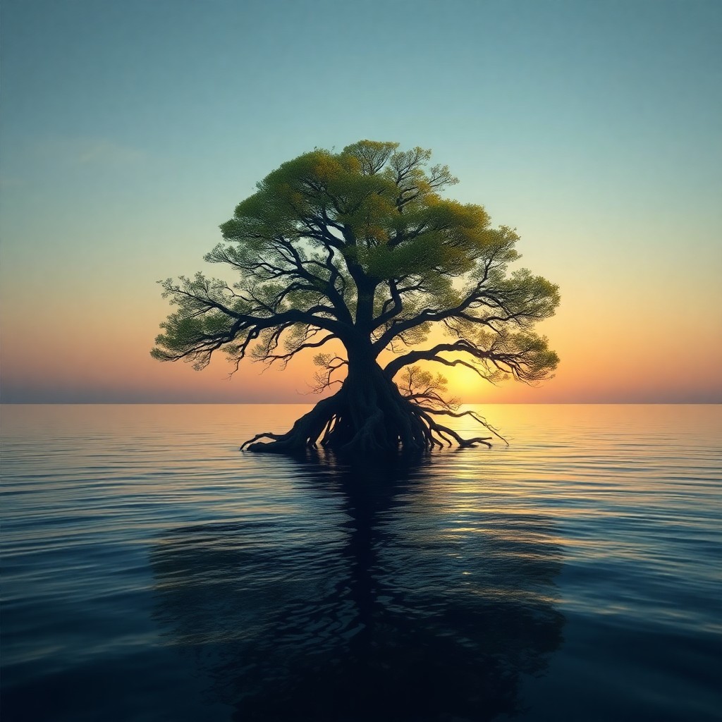 AI generated art for prompt: A surreal seascape unfolds, where an awe-inspiring tree with branches extending towards infinity ris