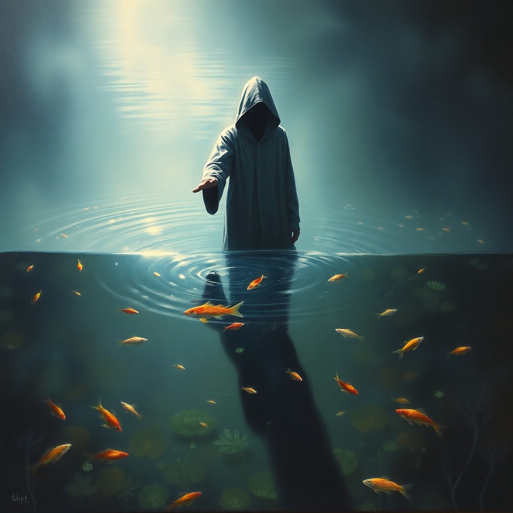 AI generated art for prompt: An enchanting oil painting captures a mysterious figure standing at the edge of a tranquil pond, the