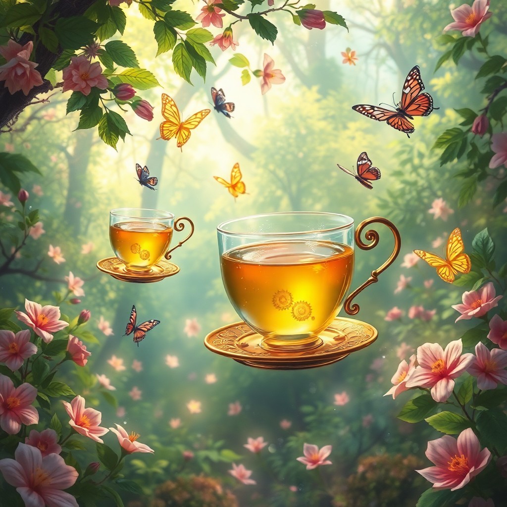 AI generated art for prompt: Create an enchanting digital artwork depicting a whimsical tea party in an enchanted forest, seamles