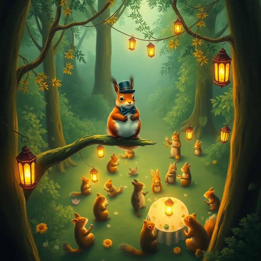 AI generated art for prompt: An enchanting woodland gathering reminiscent of Beatrix Potter's whimsical illustrations, this scene