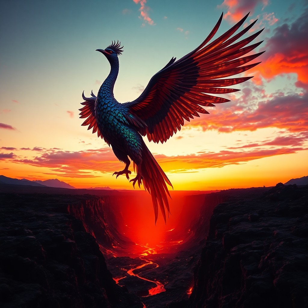 AI generated art for prompt: Imagine a surreal scene reminiscent of Dali's iconic works, where an awe-inspiring phoenix rises fro