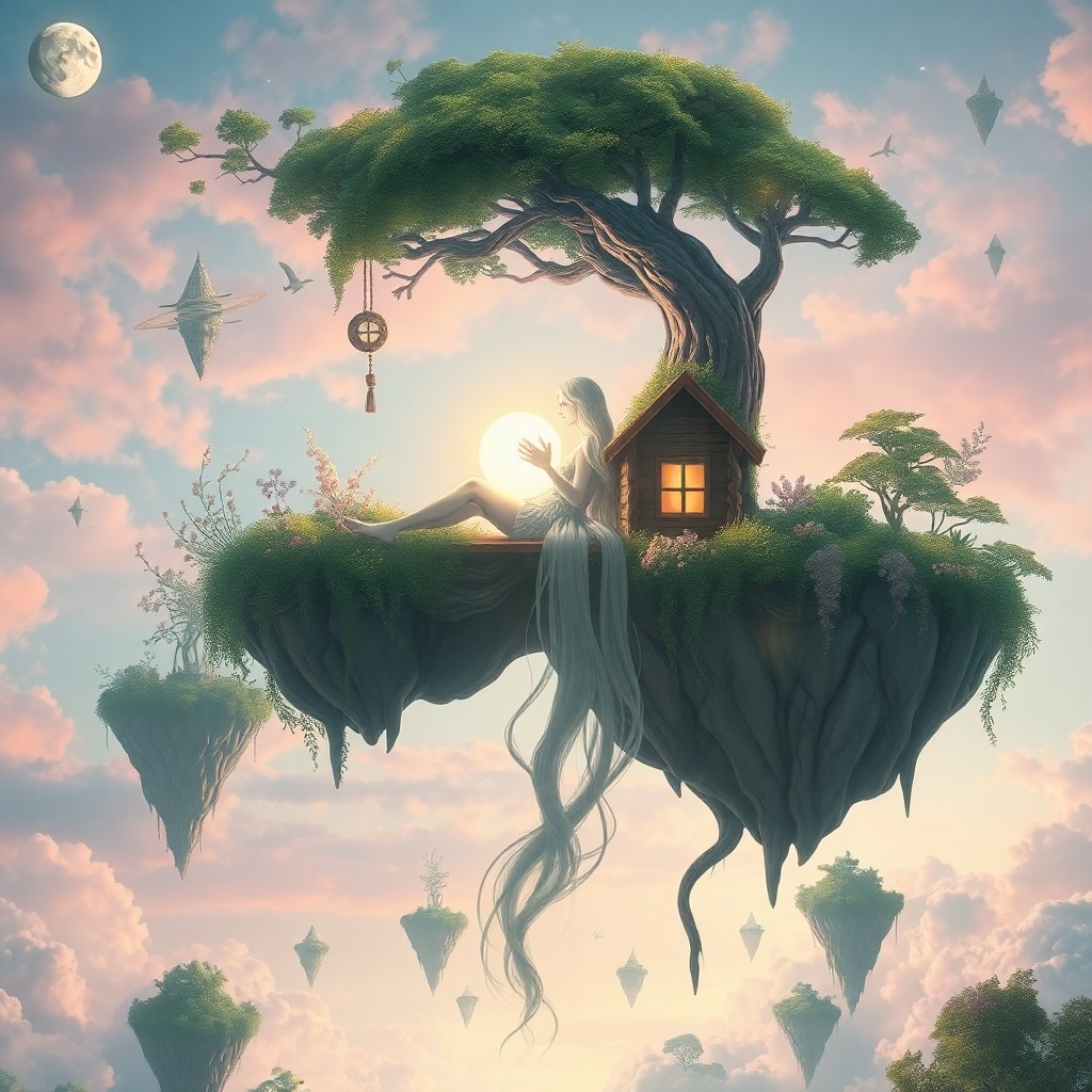 AI generated art for prompt: A dreamlike digital artwork captures an ethereal figure lounging within a whimsical treehouse suspen