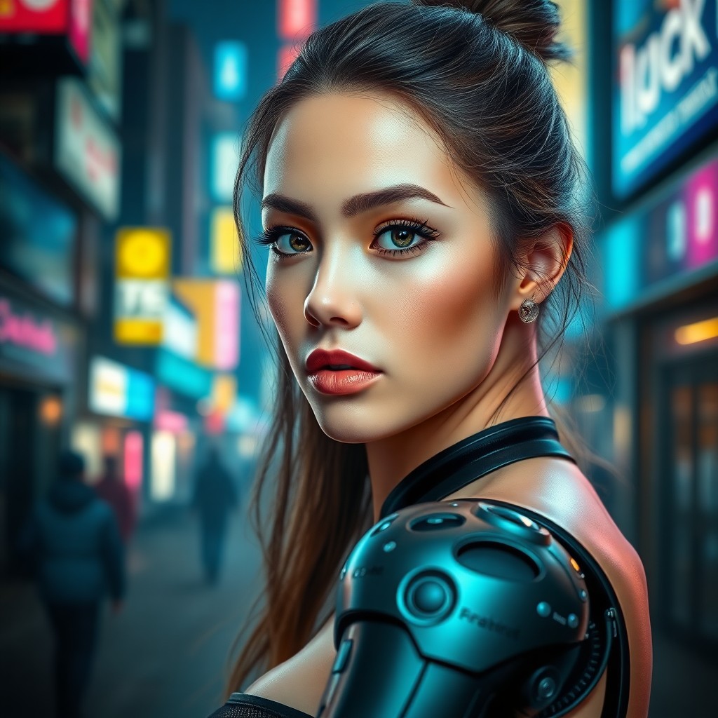 AI generated art for prompt: Visualize an intricately detailed digital art portrait showcasing a young woman with a futuristic cy