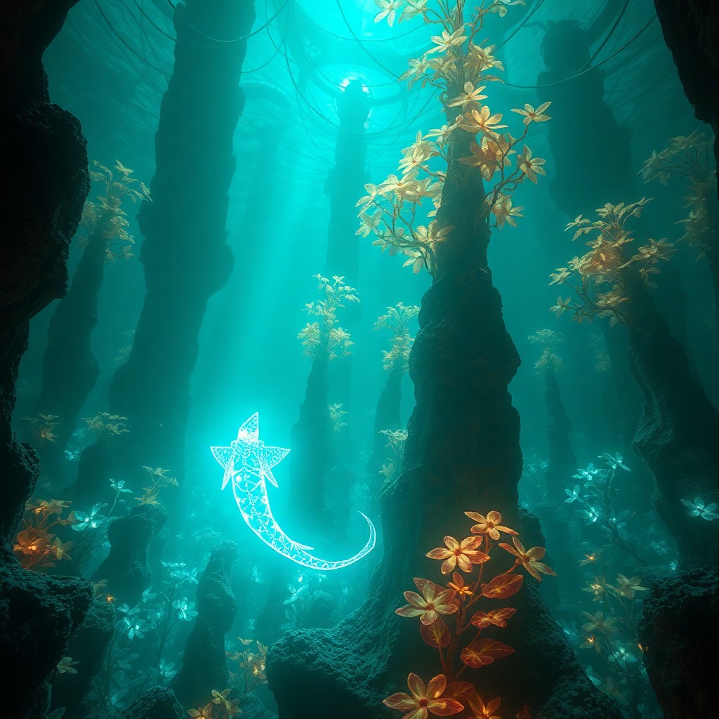 AI generated art for prompt: A mesmerizing digital artwork transports viewers into an enchanting underwater realm, where a lumino