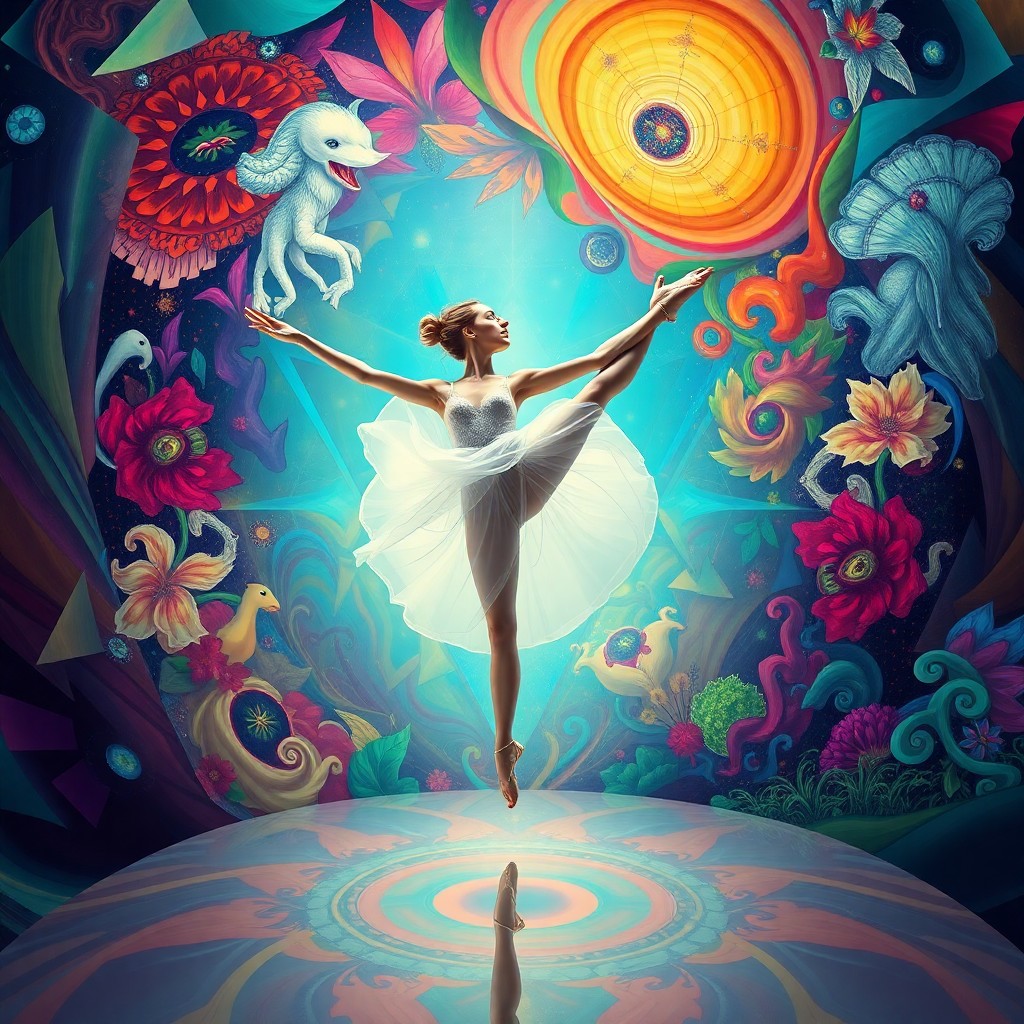 AI generated art for prompt: A surreal digital artwork portrays an ethereal dancer suspended within a kaleidoscopic whirlpool of 