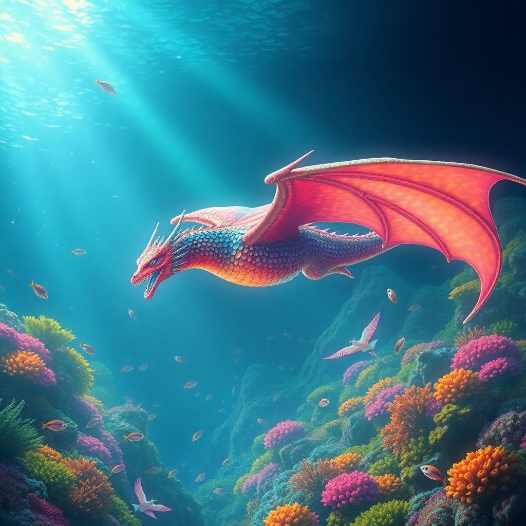 AI generated art for prompt: Create an alluring digital artwork featuring a dragon flying over an enchanting underwater kingdom, 