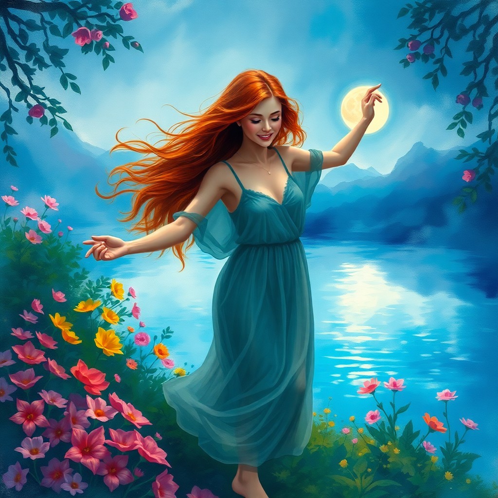 AI generated art for prompt: A captivating impressionistic scene depicts a young woman with cascading auburn hair as she graceful