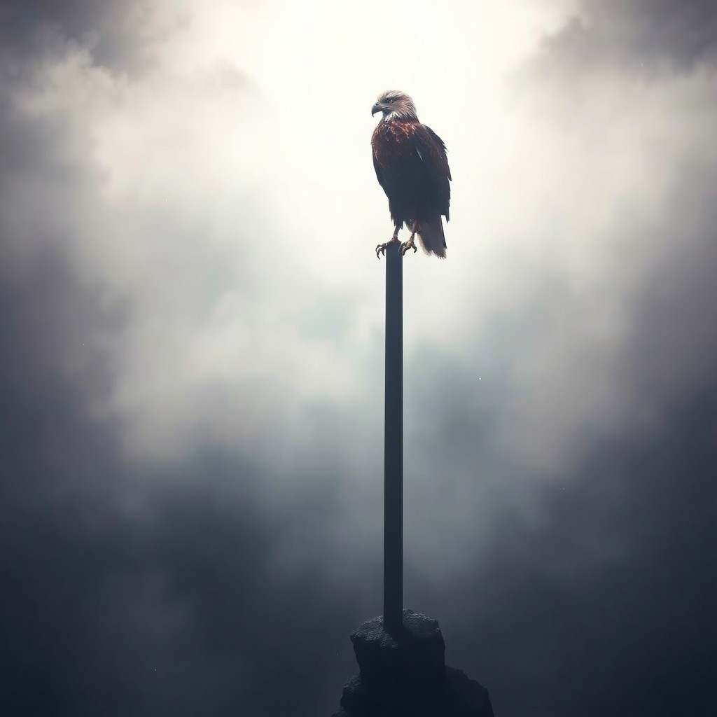 AI generated art for prompt: In an enigmatic dreamscape, a majestic eagle perches atop a slender tower jutting over a vast abyss.