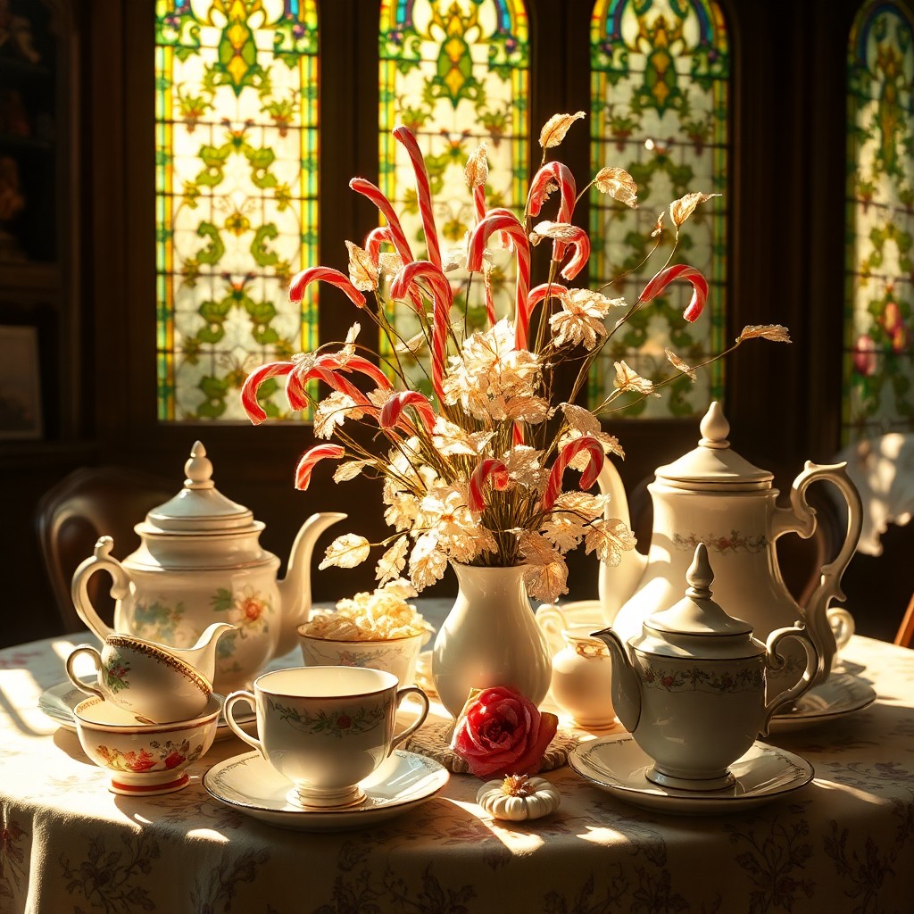 AI generated art for prompt: An enchanting still life reminiscent of Dutch Golden Age paintings depicts a whimsical tea party set