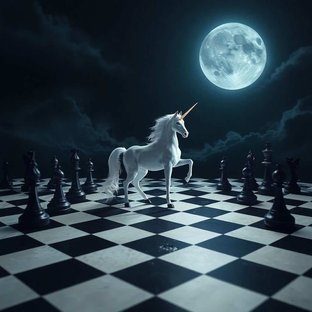 AI generated art for prompt: Imagine a surrealistic scene where an enchanting unicorn gracefully stands on a colossal chessboard,