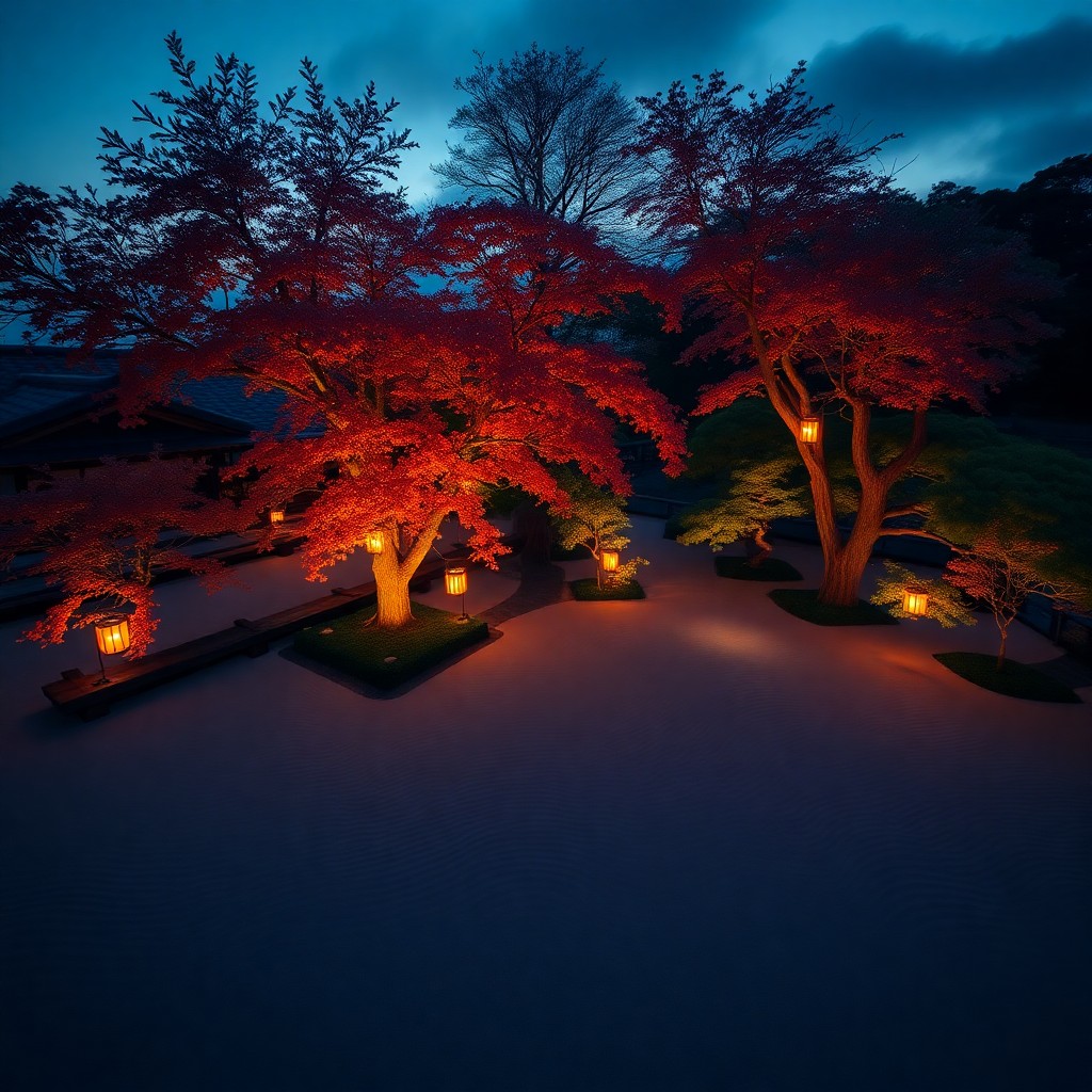 AI generated art for prompt: An aerial perspective reveals a serene Japanese Zen garden at twilight, exuding an ethereal atmosphe