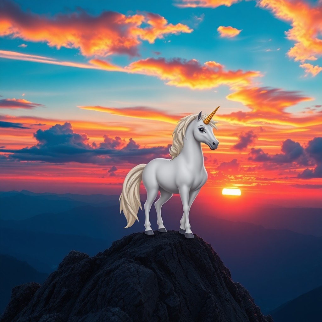 AI generated art for prompt: A mythical creature resembling a majestic unicorn stands atop a mountain peak during a spectacular s