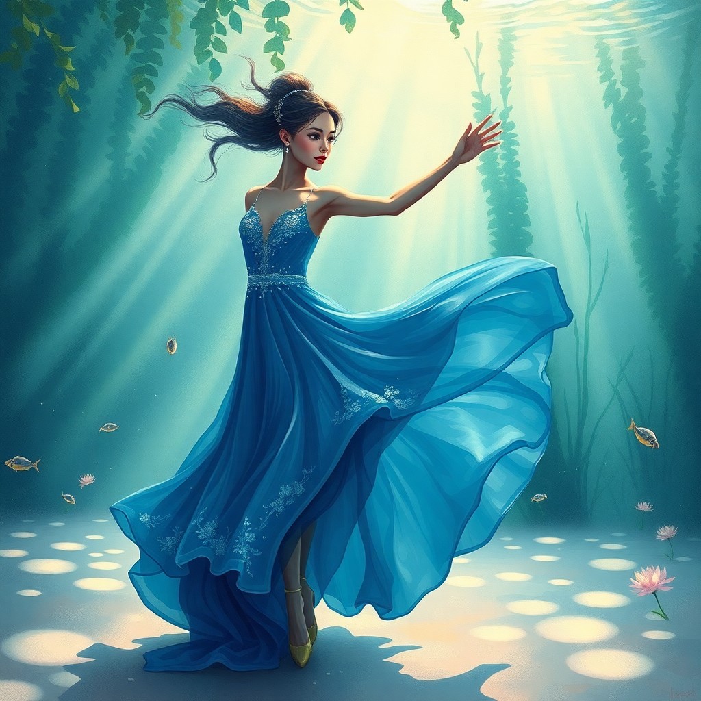 AI generated art for prompt: An image depicting an enchanting underwater performance, featuring a graceful dancer in a flowing az